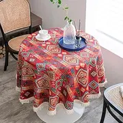 USTIDE Red Badge Tablecloth Rustic Boho Table Cover Jacquard Faux Linen Tablecloth Ethnic Vintage Tablecloth with Tassels,150cm