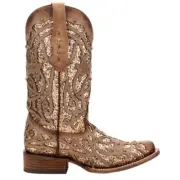 Corral Boots Glitter Tooled Inlay Square Toe Cowboy Womens Brown Casual Boots C