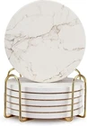 6 Pcs White Marble Coaster Set with Holder Best Absorbent Coasters Drink Stone C