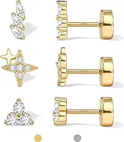 [Dochais] Flat Back Stud Earrings for Women and Men, Hypoallergenic 14k Gold Plated 925 Sterling Silver Post Stud Earrings Set, Gold and Silver Earrings with Screw for Sensitive Ears, Ideal for Helix,