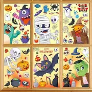 6 Sheets Halloween Window Cling Sticker Decals Decorations Double Side, Cute Cartoon Witch Bat Pumpkin Skull Static Stickers for Glass and Halloween Party Wind