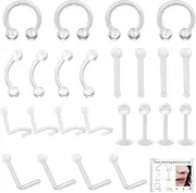[Cozevdnt] 24pcs Clear Piercing Retainer, Clear Nose Stud Piercing Retainers, Plastic, Flexible Lip Nose Septum Eyebrow, Lip Labret eyebrow Piercing Horseshoe Nose Studs Gauge Retainer, Plastic