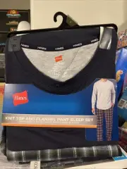 Hanes Men's Blue Plaid Knit Top And Flannel PJ Set Size XL - New.