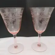 Pink Depression glass etched floral ribbed cocktail barware vintage stemware
