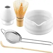 RWWPJLLWHR Matcha Whisk Set 5pcs, Japanese Macha Tea Set with Matcha Bowl, Matcha Bamboo Whisk, Scoop, Sifter and Matcha Whisk Holder (White)