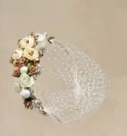 HEADWEAR-Headband Fascinator 1920s, In Apricot, Mesh Veil, Faux Pearls