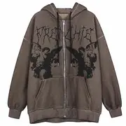 Women Vintage Angel Print Hoodies Female Zip Up Long Sleeve Pocket Streetwear Coat Autumn Winter Y2K Aesthetic Hooded Sweatshirt brown XL