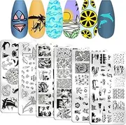 WOKOTO 6Pcs Beach Nail Stamping Kit Seaside Holiday Nail Stamping Plates For Nails Summer Nail Art Stamps Plates Palm Tree Boat Fish Flower Nail Stamp Plates For Nails Designs Stamps For Nail Art