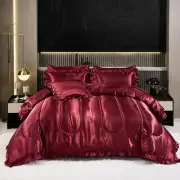 Silk Like Satin Comforter Set with Sheet Set Queen 8 Pcs Burgundy Satin Beddi...