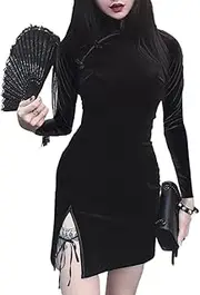 KALWEL,Cheongsam Dress for Women,Women's Open Cheongsam Dress Chinese Style Retro Disk Buckle Collar Short Package Hip Skirt Black