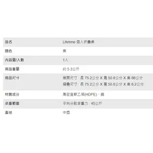 （宅配免運）折疊桌 折合桌 Lifetime 個人折疊桌 可攜式書桌 工作桌 餐桌 野餐 露營桌 好市多代購 戶外桌椅