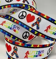 White Grosgrain Ribbon with Autism Awareness Print - 7/8 Inches Wide - 5 Yds. - Great for Hair Ties, Decorating, Gift Wrapping, Or Event Displays. Polyester Ribbon, Single Sided Print.