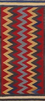 Chevron Kilim Reversible Oriental Runner Rug Hand-Woven Zig-zag Wool Carpet 3x6