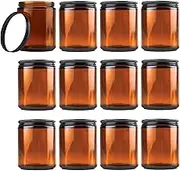 [PackMyProduct] 12 x 270ml Amber Round Glass Jar with Black Coated Aluminium Wadded Cap | Candle Making Empty Glass Jars | Food Container Storage, Spices Jar, Brown | for Liquid, Cream (8 oz)