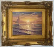 Sailboat at Sunset - Original Impressionist Oil Painting- Ornate gold frame