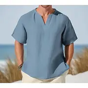 Men's Tee Top Linen T-Shirt Short Sleeves V Neck Summer Plain Fashion Designer Basic Soft Vacation Street Casual Daily Light Blue White Pink Top Tee for Men