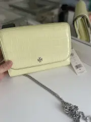 Tory Burch Emerson Chain Wallet EmbossedPatent Leather Crossbody Pastel Yellow