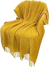 Knitted Throw Blanket for Couch, Bed and Sofa Super Soft Blanket with Tassels Cosy Home Decor Easy to Use Yellow