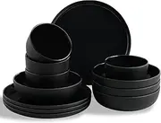MissYIP Melamine Dinnerware Sets 12pcs, Service for 4, Unbreakable Reusable Kitchen Dinnerware Set, Outdoor Camping Dishes, BAP free, Dishwasher Safe,Not oven-safe or microwavable(Black)
