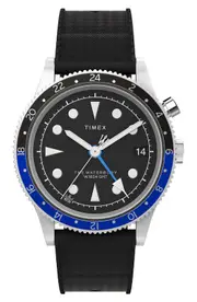 Timex® Waterbury Traditional GMT Rubber Strap Watch, 39mm in Black at Nordstrom One Size