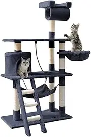 i.Pet Cat Tree Large Cats Tower Ultimate Scratching Post, 141cm Height Grey Pet Scratcher Cardboard Posts Indoor Kittens Wooden Play House Towers and Trees Corner Toys, with Plush Cover Condo Hammcok
