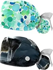 [YTYVAGT] 2-Pc,Nurse Scrub Caps,Scrub Hats with Buttons and Cotton Sweatband,Watercolor Blue Green Dots
