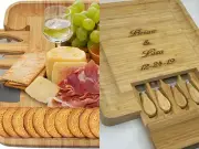 Large Cutting Cheese Charcuterie Board 13" x 13" Engraved Personalized Knife Set