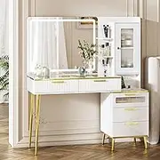 Chrangmay 47.24" Big Modern Vanity Desk with Mirror and Lights,Makeup Vanity Desk with 5 Drawers and Storage Shelves & Power Outlet,Dressing Table with Glass Top, White