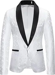 [Aosufei] Men's Blazer Stylish Print Floral Suit Jacket Lightweight Wedding Tuxedo Jacket Lapel One Button Suit Coat, White4, Medium