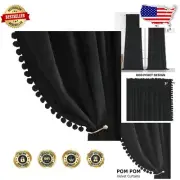 Stylish Black Velvet Thermal Drapes with Pom Pom Trim - Light Dimming 2 Panels