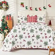 Christmas Quilt Set Queen Size,Christmas Tree Pattern Printed Bedding Set,Reversible Checked Bedspread Coverlet 4PCS,Home Decor for New Year (Red,92"x96"+20"x26"*2+18"x18")