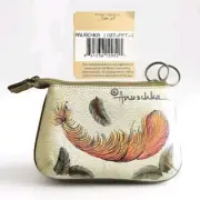 New Anuschka Zip Pouch Floatings Feather Keychain Gold Coral Zip Top Leather
