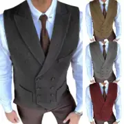 Men's Formal Double Breasted suit Vest Herringbone Shawl Lapel Tweed Waistcoats