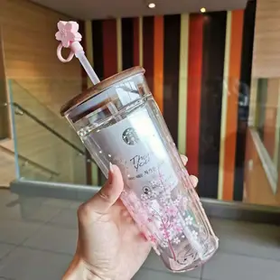星巴克 雙層玻璃杯 粉色櫻花杯 韓國 雙層原木蓋子墨綠女神 吸管杯 咖啡杯 梅森櫻花