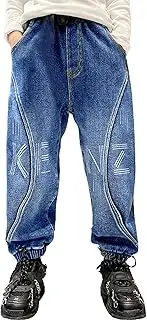 [Rolanko] Boys Ripped Jeans with Elastic Waist, Retro Denim Pants with Tapered Leg Design and Pockets for Kids