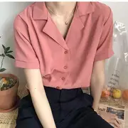 Short-Sleeve Plain Blouse Almond - L