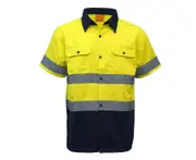 New 100% Cotton HI VIS Safety Short Sleeve Drill Shirt Workwear w Reflective Tap - Yellow