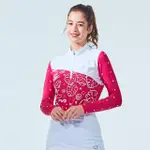 【KING GOLF】門市新品-女款插畫印花拼接立領拉鍊厚款長袖POLO衫/高爾夫球衫(桃紅)