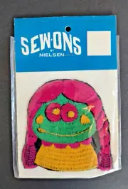 Vtg NIP NOS MC Cartoon Girl Purple Green Patch 1970s Sew-Ons by Nielsen Hippie