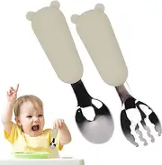 Toddler Fork and Spoon Set - Cartoon Bear Toddler Spoons | Silicone Handle Tableware Kit, Eating Utensils, Reusable Kids Cutlery Set for Travel Camping