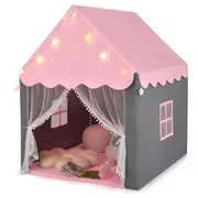 Babyjoy Kids Playhouse w/LED Lights String Children Play Tent Castle w/Curtain & Windows & Washable Mat