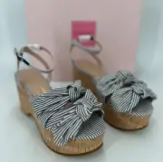 Kate Spade Julep Double Bow Platform Wedge Sandals sz 8.5 Navy Stripe Cork Ankle