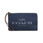 【COACH】經典字母刺繡LOGO丹寧布拉鍊手拿包(大/丹寧藍)