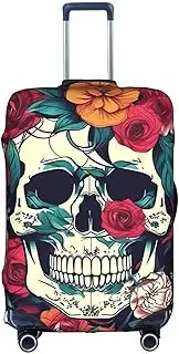 [Pvinnk] Flowers Skull Ornamental Print Protective Luggage Cover Elastic Washable Suitcase Protector Travel Gear Protector, White, Medium