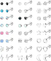 [Kakonia] 24 Pairs 20G Flat Back Earrings Surgical Steel Screw Back Stud Earrings Tiny CZ Opal Moonstone Turquoise Ball Star Heart Pearl Small Earrings Silver Stud Earrings for Women Girls