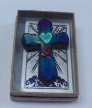 RAKU POTTERY SCARED CROSS GEMSTONES HANDMADE MAGNET PENDENT ORAMENT J DILLER 5