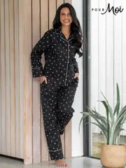 Pour Moi Black Stretch Cotton Button Through Revere Collar Pyjamas Set (AK0995) | $120