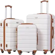 [COOLIFE] Suitcase Trolley Carry On Hand Cabin Luggage Hard Shell Travel Bag Lightweight and 4 Spinner Wheels (White/Brown, Set of 3)