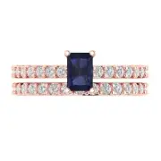 1.41ct Emerald Round Cut Blue Sapphire Ring Band bridal Set 14k Rose Gold