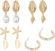 [TOZLU] EJY 4PCS Colorful Irregular Imitation Pearl Conch Starfish Shell Earrings Ear Stud Women Ear Accessories